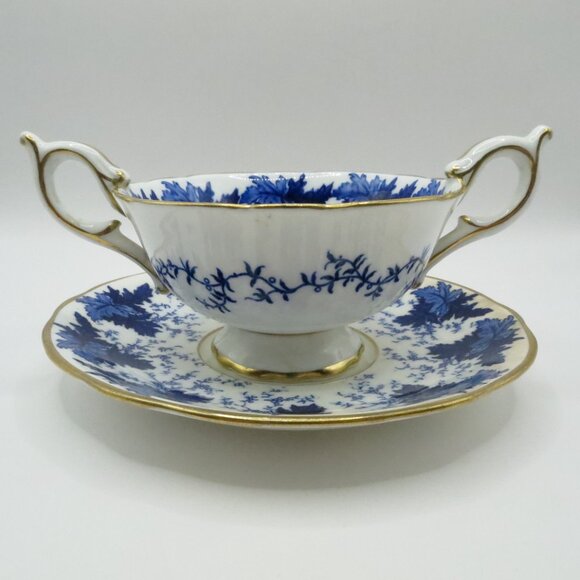 Coalport Cream Soup Bouillon Cup Saucer Set of 2 Blue White Leaves Ivy 5590K - Picture 4 of 15